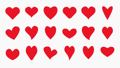 Set of heart icons in red. Collection of love element. Set of 18 hearts in simple style. Vector Illustration.