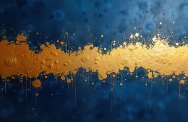 Abstract art piece with rich blue background. Gold streaks, splashes create dynamic design. Stylish, modern design. Suitable for interior decoration. Creates unique atmosphere. Suitable for various