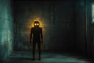 Obraz premium Shadowy Figure Stands in a Dark Concrete Room