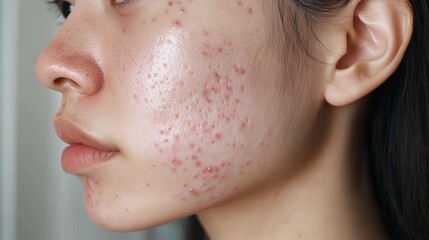 Obraz premium Closeup of Teenager's Face with Acne Scars and Blemishes