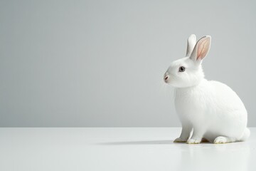 Cute white rabbit sitting on a clean surface with soft lighting, showcasing its fluffy fur and expressive eyes against a minimalistic grey background for a serene and calm atmosphere