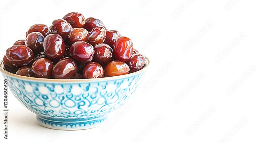 Poster a vibrant display of dates stacked in a decorative bowl, captured in bright light against a white ba