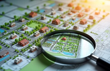 Imaginary urban plan with miniature houses, magnifying glass. Concept of searching for new residential property. Detailed plan shows streets parks, potential housing options. Finding ideal homes
