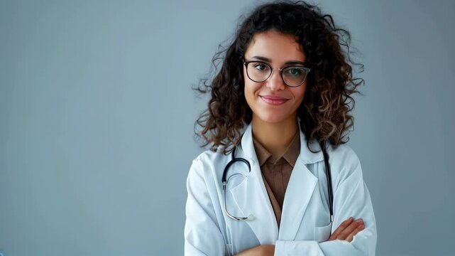 A portrait of an attractive female doctor standing in front, wearing a white lab coat with her arms crossed on her chest smiling softly isolated against a dark grey background.