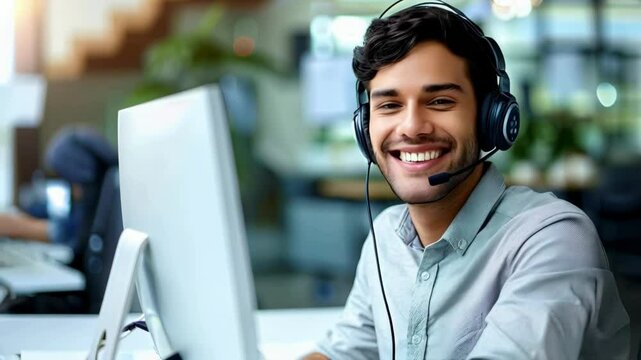 Happy young male call center agent working at his desk in an office, wearing headset and using computer for customer support service