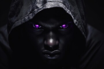 Hooded Figure With Glowing Purple Eyes Stares Intensely