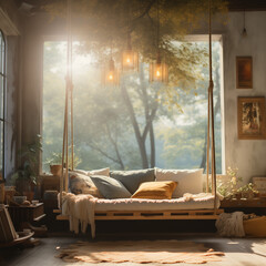 hanging macrames and trees soft blur shadows,