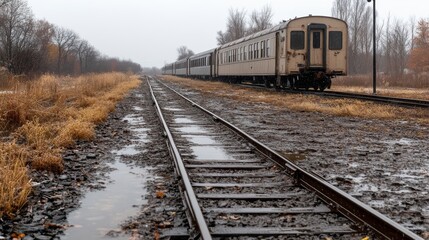 Obraz premium Rusty railcar rests on muddy tracks surrounded by overgrown grass and trees under a grey sky on a rainy day