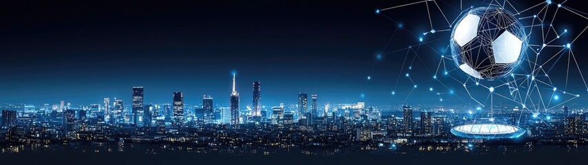 Futuristic Soccer Ball Over Illuminated Cityscape at Night
