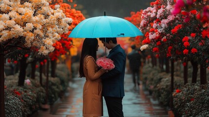 Romantic couple sharing umbrella in blooming flower alley during rain