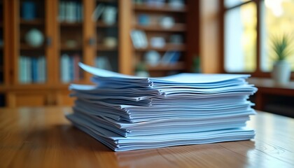 Stacked documents on wooden table inside room with blurry bookcase. Learning resources in form of printed materials. Educational materials ready for use. Documents look organized, accessible. Many