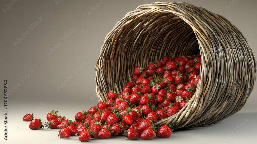 Aufkleber bountiful pile of fresh strawberries cascading out of a wicker basket on a neutral background with a