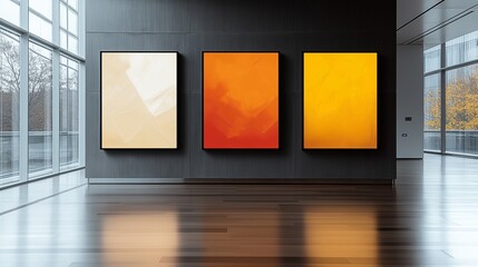Modern art gallery showing colorful abstract paintings with large windows