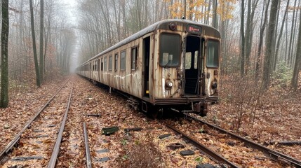 Obraz premium Abandoned railcar rests on overgrown tracks in a foggy forest during early autumn