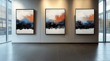 Modern art gallery showing abstract painting triptych with orange, blue and black splashes