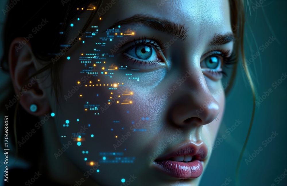 Poster woman face covered with glowing tech data. futuristic digital info graphic display on skin. concept 