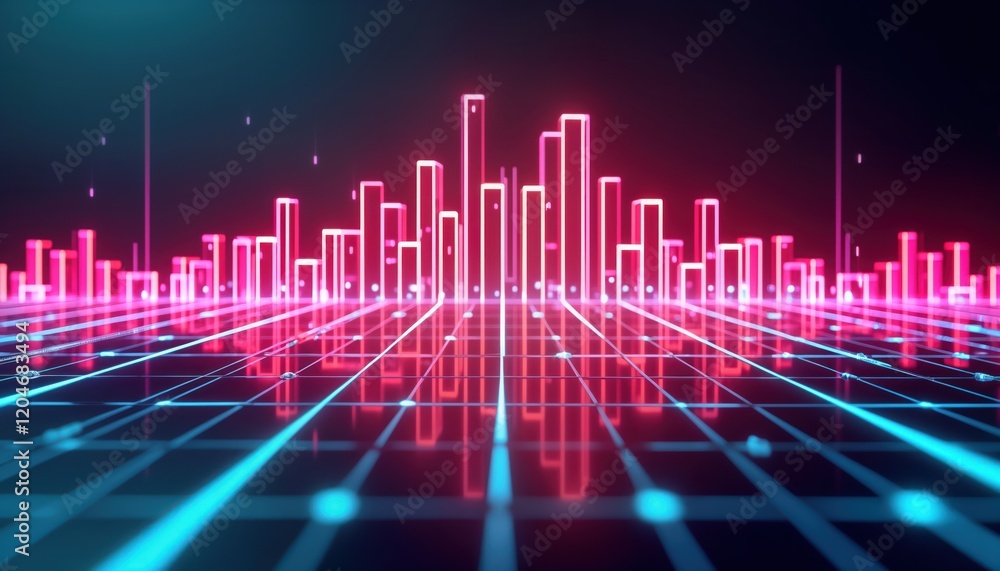 Poster futuristic cityscape illustration. neon light city skyline shows flow of energy, sound. dynamic abst