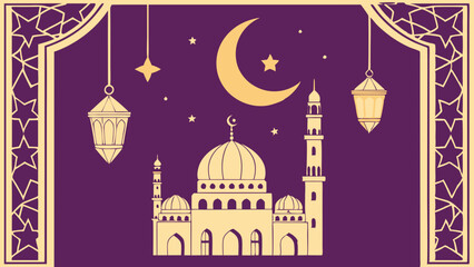 Ramadan Kareem poster, golden 3D frame, mosque window, purple background, crescent moon, lantern, stars, vector illustration
