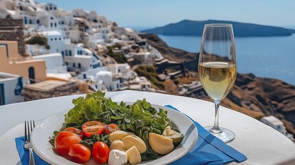 Enjoying delicious greek salad with white wine and breathtaking view of santorini caldera © Ceballos
