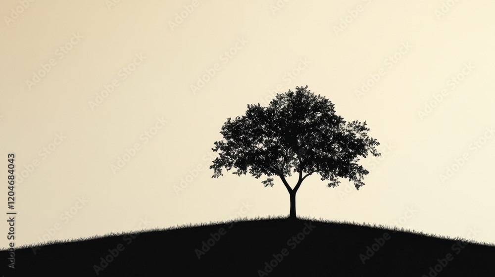 Aufkleber silhouette of a solitary tree on a grassy hill during twilight with a fading sky in the background. 