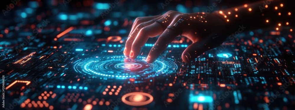 Poster cybersecurity and data protection in a digital workspace with holographic technology and neon lights