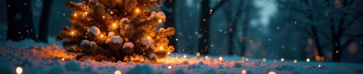 Twinkling Christmas lights growing in the ground around a towering Christmas tree, whimsical, foliage, tree