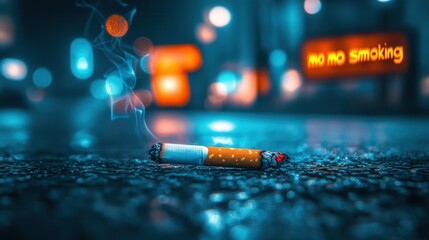 Captivating Night Scene with a Cigarette on Wet Pavement, Bokeh Background, Soft Smoke, and Atmospheric Neon Signs, Evoking Urban Vibes and the Theme of Smoking Prohibition