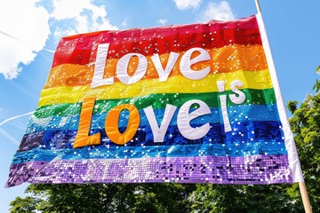 A vibrant rainbow flag displays the message "Love is Love," celebrating inclusivity and LGBTQ+ pride in a joyful outdoor setting.
