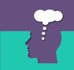 A man's head silhouette is seen with a thought bubble in a cut paper style 3-d illustration.