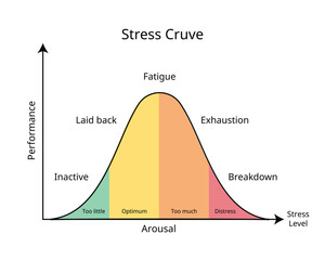 stress Level graph from too little arousal to distress and feel anxiety, exhaustion, breakdown 