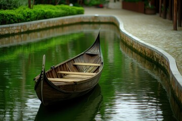 Tranquil Scene of a Traditional Wooden Gondola Floating on Serene Green Waters in a Lush Garden Setting, Offering a Peaceful Escape into Nature's Embrace