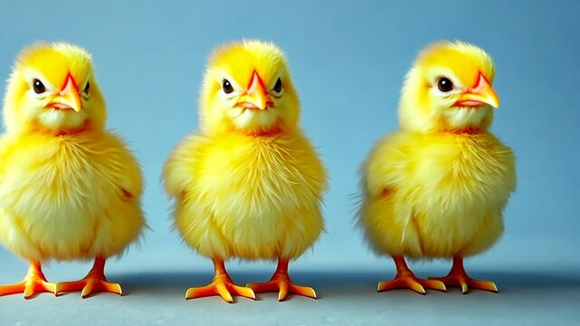 Bright yellow chicks stand in a row against a soft blue background, showcasing their fluffy feathers and curious expressions