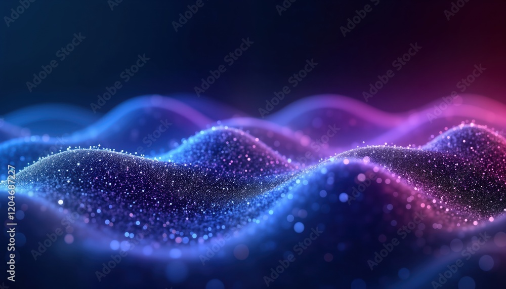 Poster abstract digital backdrop shows wavy lines, glowing particles in vibrant blue, purple hues. dynamic 