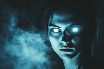 Mysterious Woman With Glowing Eyes In Smoke