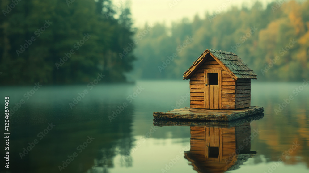 Poster a whimsical claymation cabin floats on a misty lake, creating a serene and imaginative scene perfect