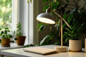 Obraz premium Elegant workspace featuring modern desk lamp illuminating a notepad surrounded by lush greenery from potted plants and natural light filtering through a window