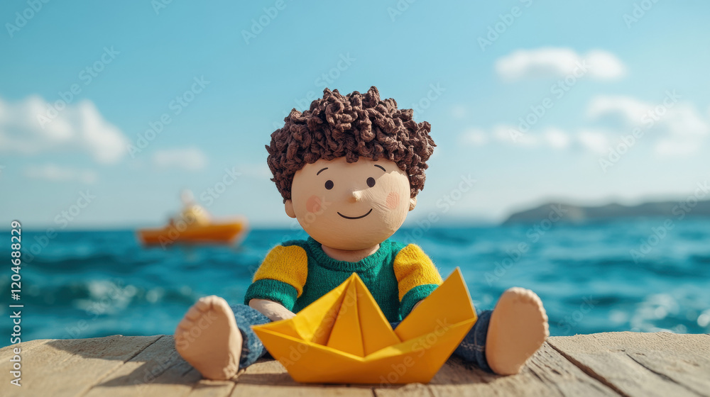 Aufkleber a child animated in claymation style playfully interacts with a paper boat on a textured surface, sh