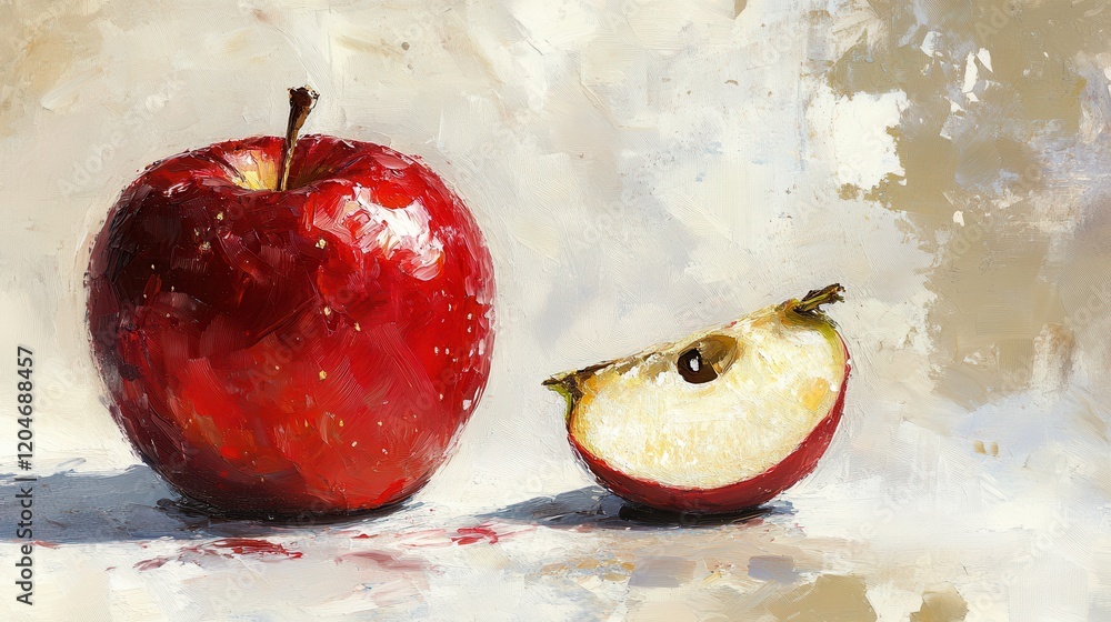 Poster close-up depiction of a fresh red apple with a bite taken out, set on a clean white background highl