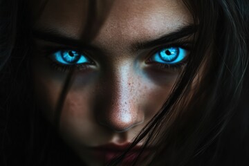 Close up of a woman with vibrant blue eyes and freckles
