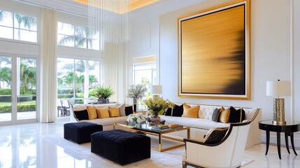 Fototapeta premium Elegant living room with modern decor, featuring a large artwork and stylish furnishings.