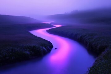 Fototapeta premium Serene River Winding Through Misty Purple Hills