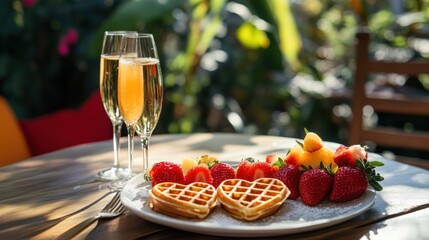 A brunch setup featuring heart-shaped waffles, fresh strawberries, and champagne outdoors