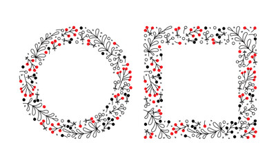 Decorative floral borders featuring red berries and intricate line art for design projects