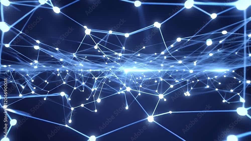 Poster glowing neural network interconnected nodes pulsating with synchronized waves, creating dynamic patt