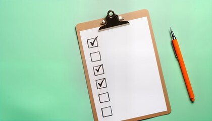 Clipboard with checklist, pen. Blank checklist on clipboard. Items to checked marked. Simple office tool. Business productivity concept. Ready for tasks. Preparation concept. Plan to made. Management
