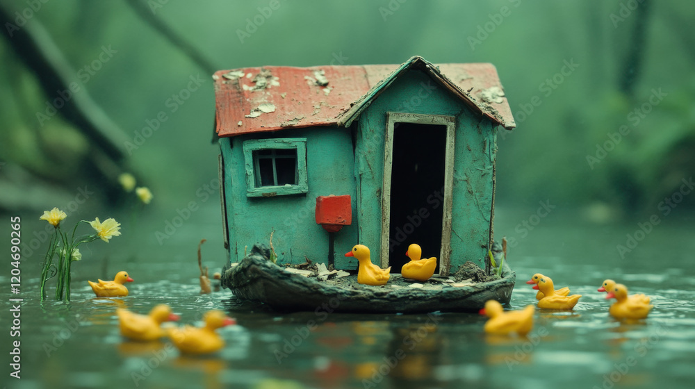 Poster a claymation image of a floating cabin surrounded by tiny creatures, rendered in high fidelity, show