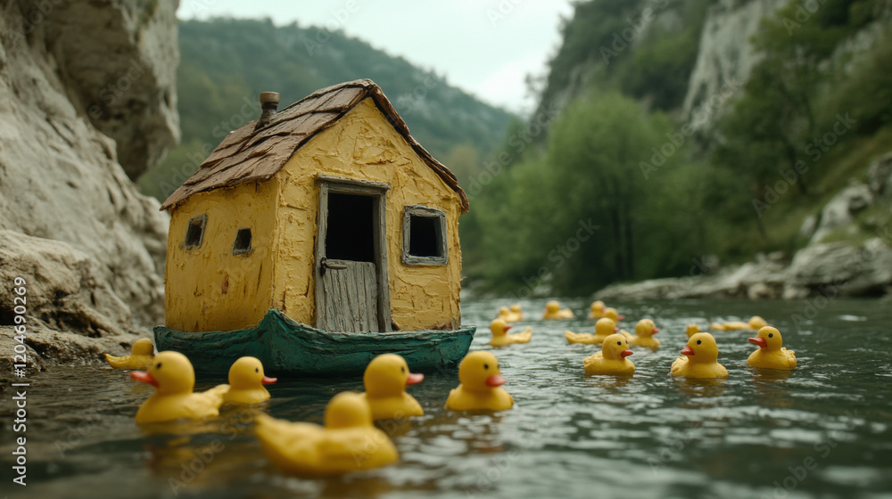 Poster a vibrant claymation image of a floating cabin amidst tiny clouds, designed for high fidelity and en