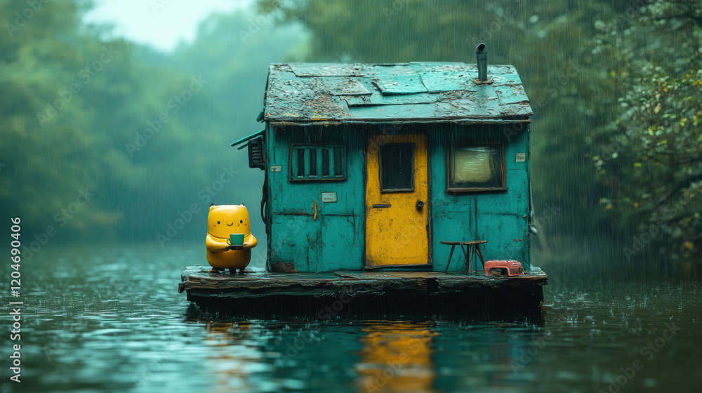 Poster a claymation scene featuring a floating cabin under a rain shower, rendered in high fidelity with a 