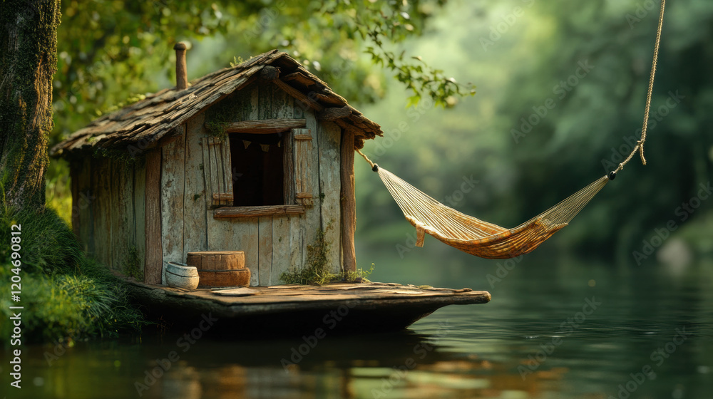 Poster floating cabin with a hammock in a claymation style, designed for high fidelity imagery, ideal for c