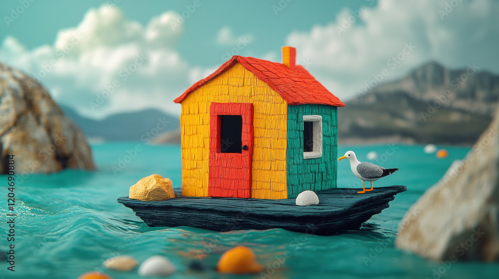 Poster a claymation scene featuring a floating cabin and a perched seagull, presented in high fidelity, ide